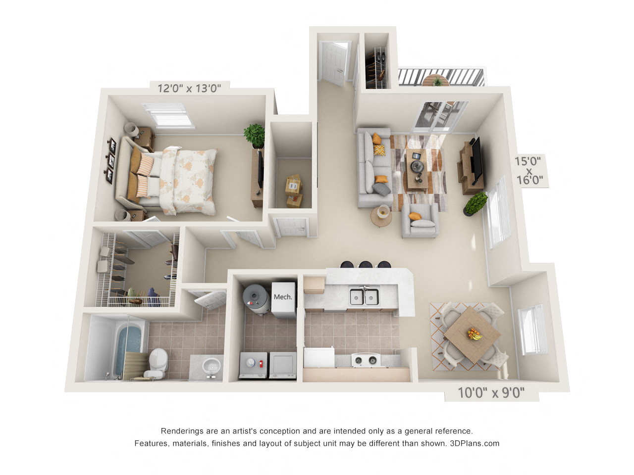 Floor plan for 1 bed, 1 bath, 875 sqft